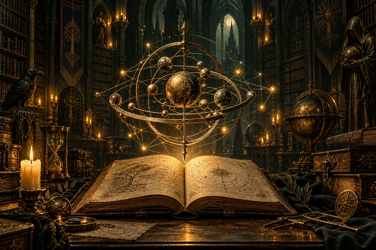 Un antico libro e una struttura luminosa di nodi in una biblioteca fantasy