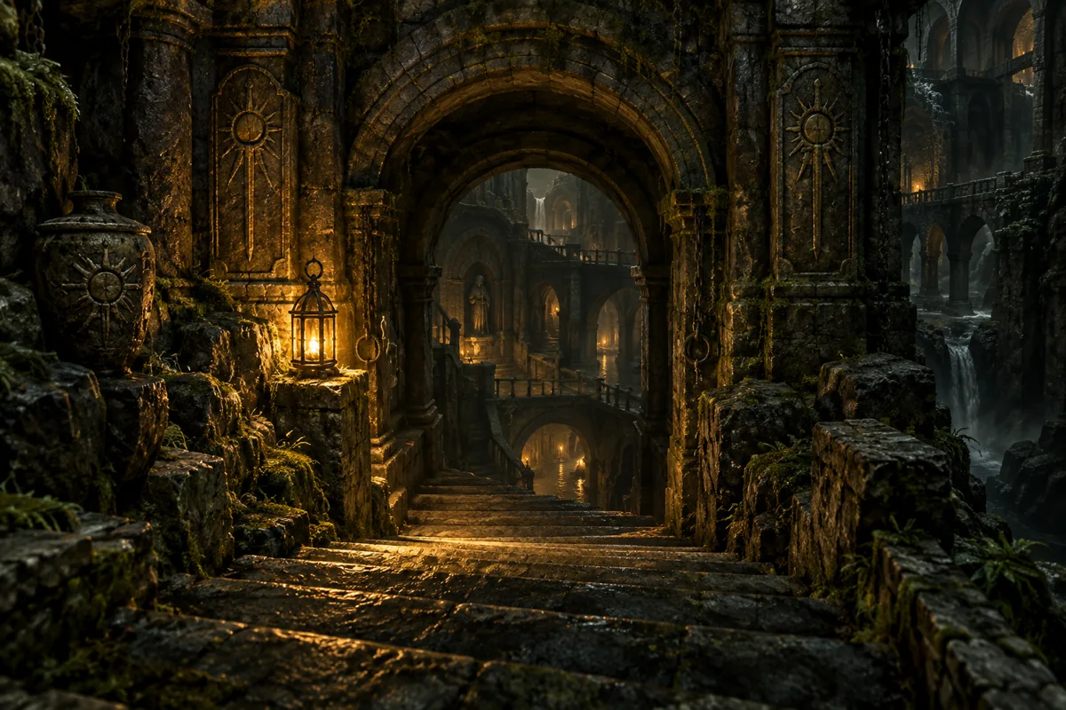 Un passaggio di pietra illuminato da una lanterna conduce nel dungeon