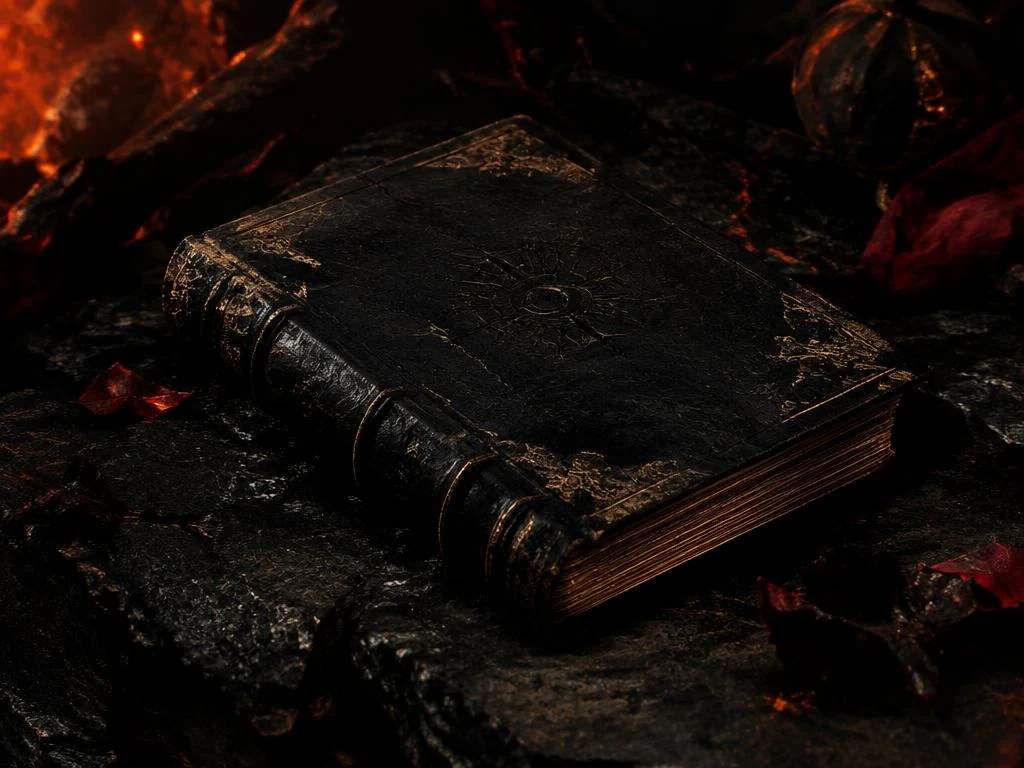 Un antico grimorio nero decorato in oro tra le braci