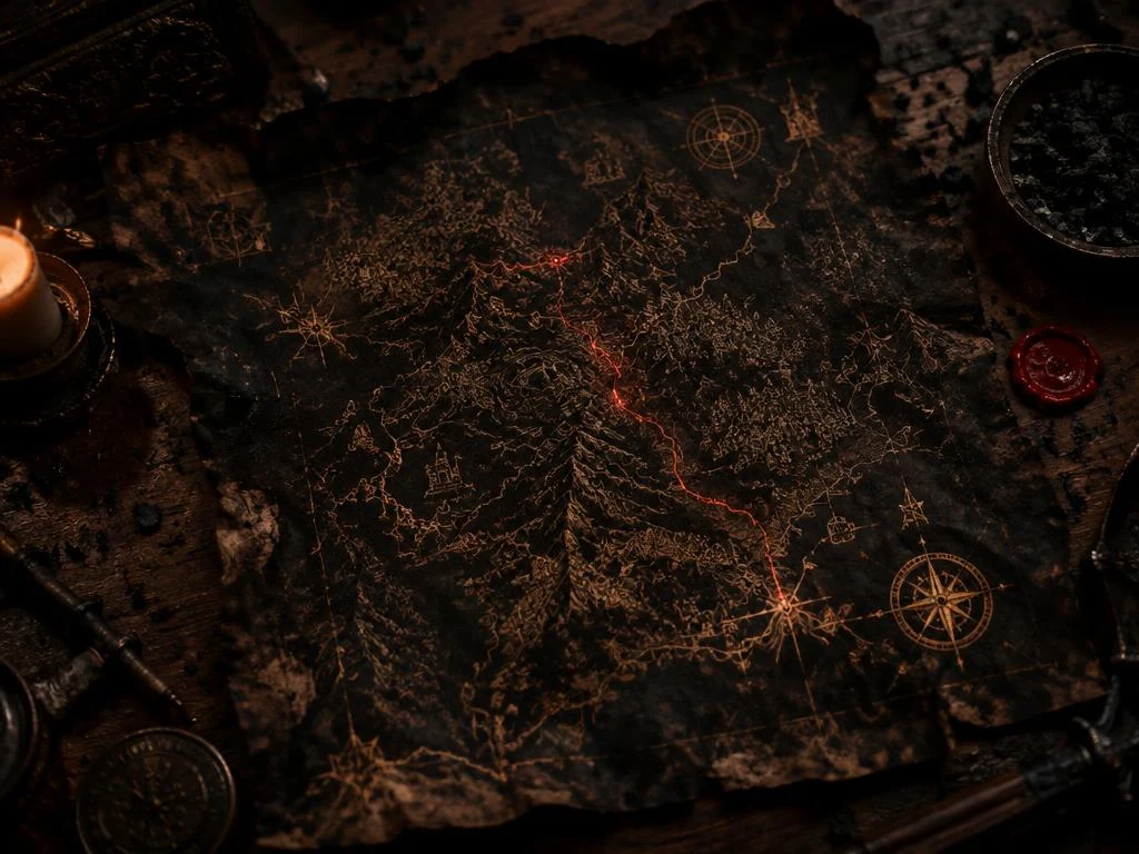 Una mappa fantasy scura attraversata da un sentiero rosso