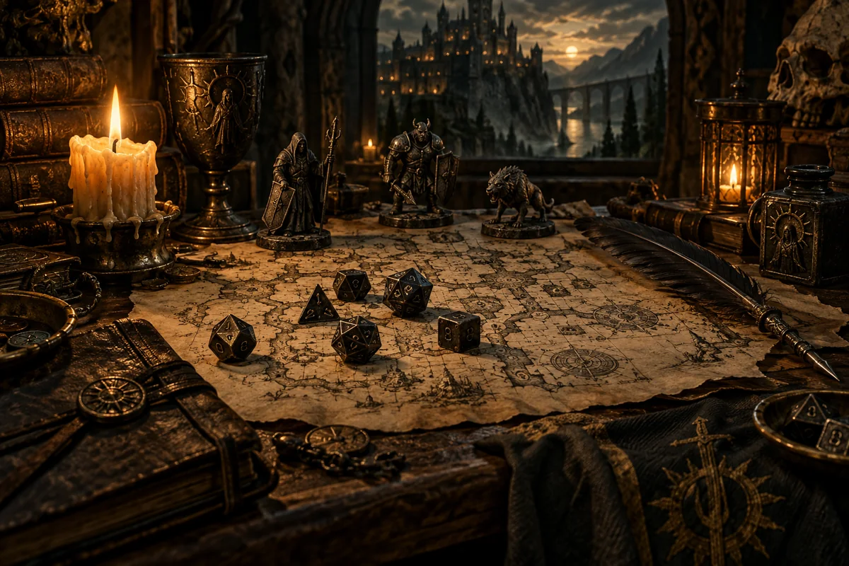 Dadi, miniature e una mappa sul tavolo di un Master illuminato da candele